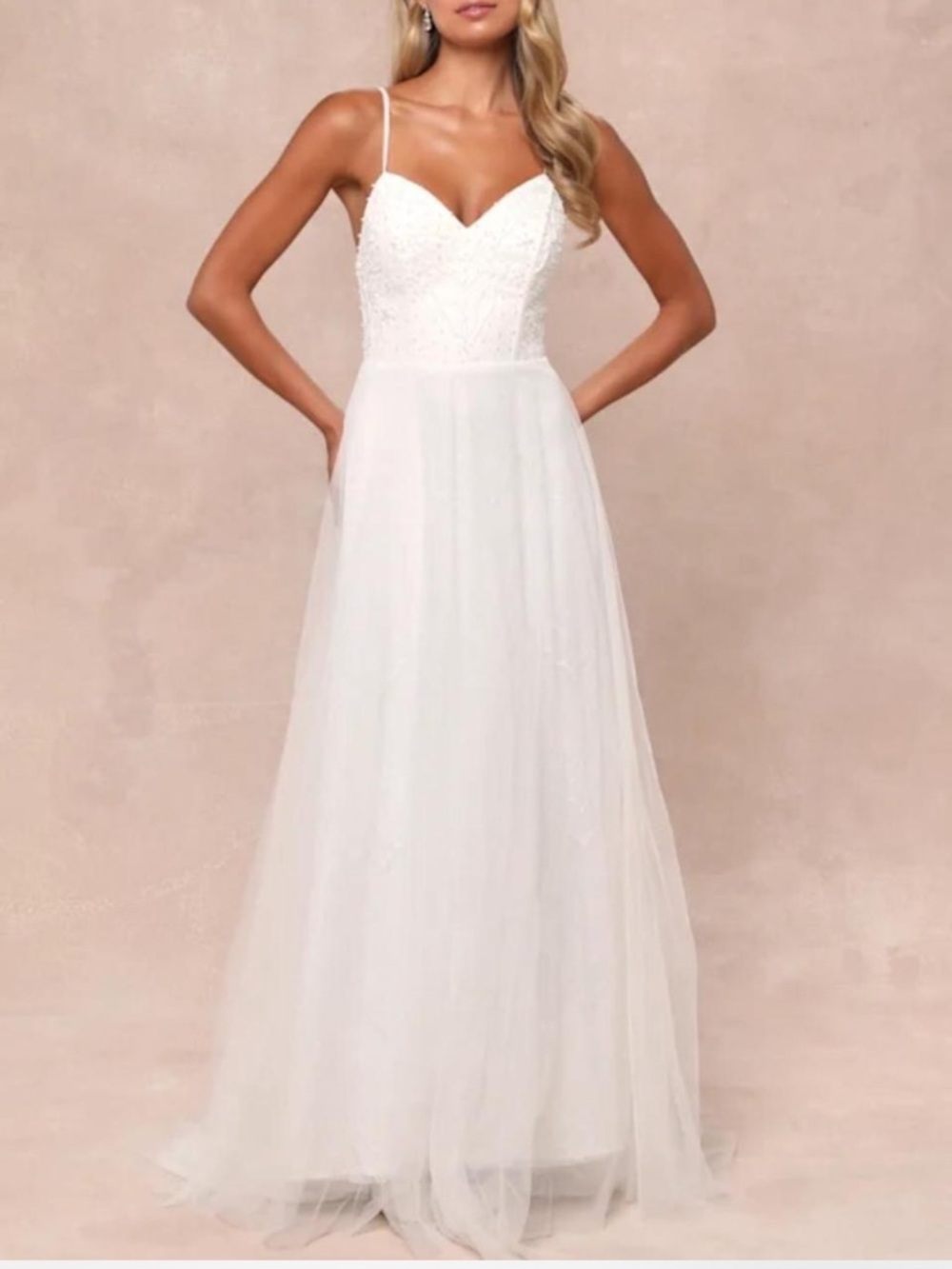 NWT Lulus Love Perfection White Lace Tulle Pearl Beaded Maxi Dress
